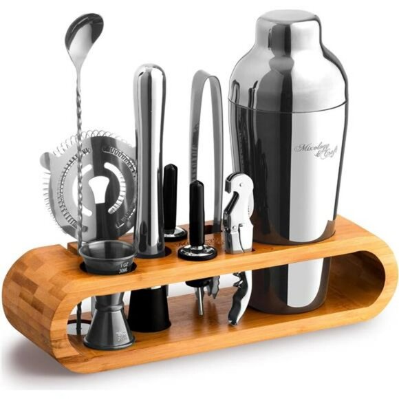 10 Piece Bartender Kit Cocktail Shaker Set with Bamboo Stand Bar Tools Gift - Picture 1 of 7
